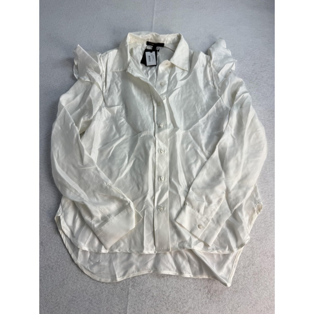 Maje Shirt Women's 2/Med White 100% Silk Ruffle‎ Button Front Blouse H18 Chella